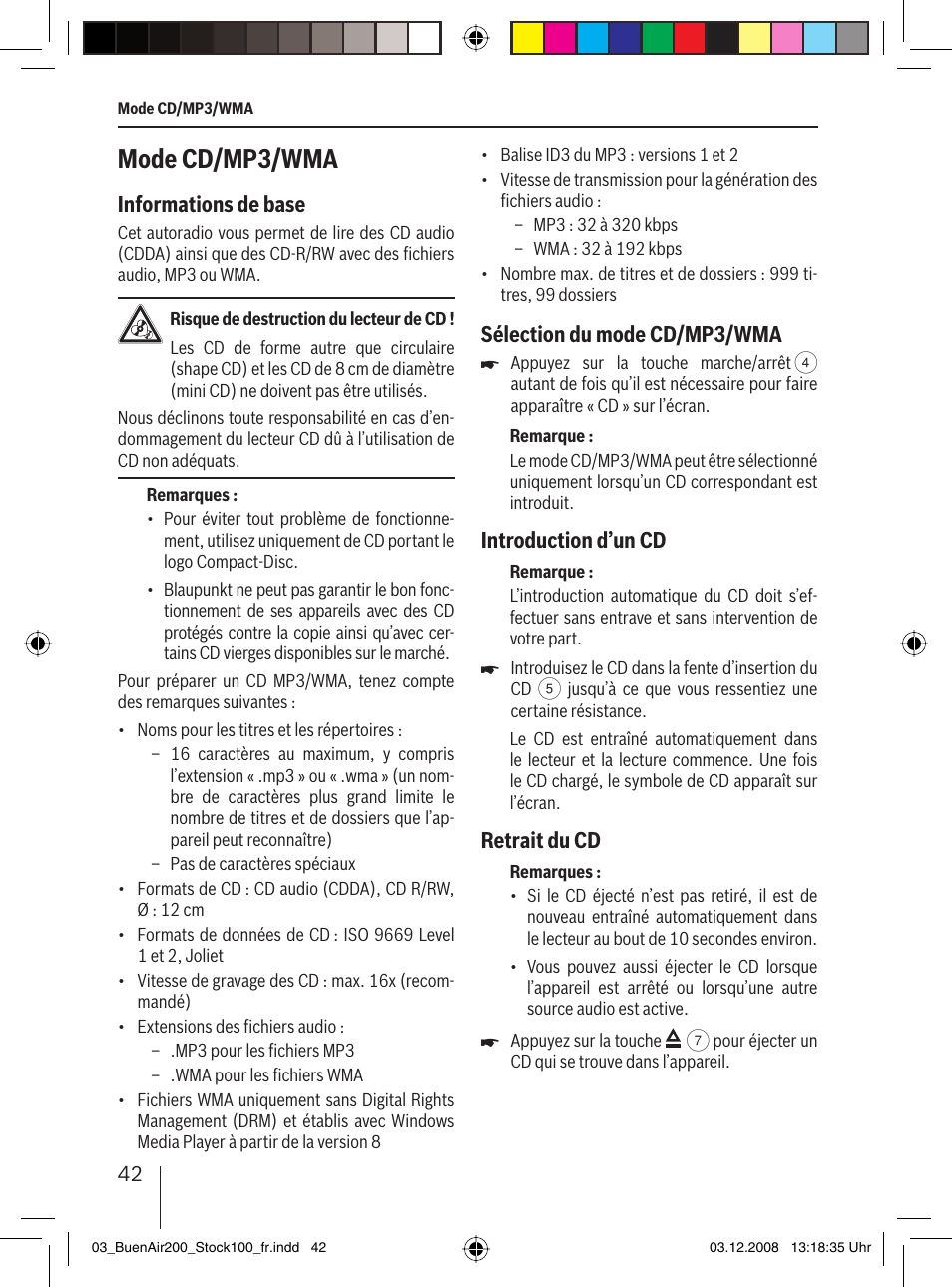 Mode cd/mp3/wma, Informations de base, Sélection du mode cd/mp3/wma | Introduction d’un cd, Retrait du cd | Blaupunkt BUENOS AIRES 200 7 649 020 110 User Manual | Page 42 / 140