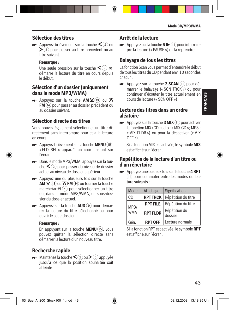 Sélection des titres, Sélection directe des titres, Recherche rapide | Arrêt de la lecture, Balayage de tous les titres, Lecture des titres dans un ordre aléatoire | Blaupunkt BUENOS AIRES 200 7 649 020 110 User Manual | Page 43 / 140