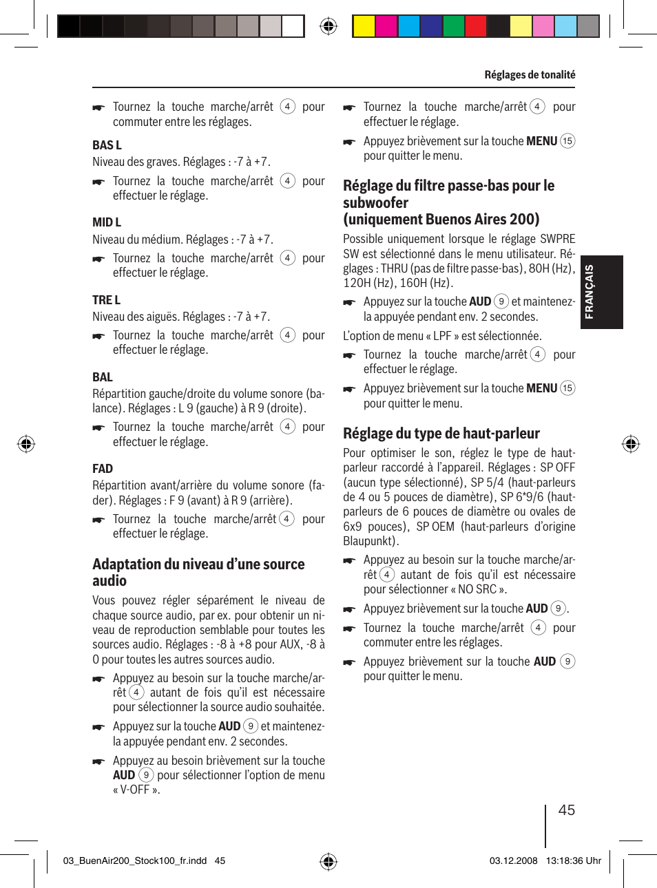 Adaptation du niveau d’une source audio, Réglage du type de haut-parleur | Blaupunkt BUENOS AIRES 200 7 649 020 110 User Manual | Page 45 / 140