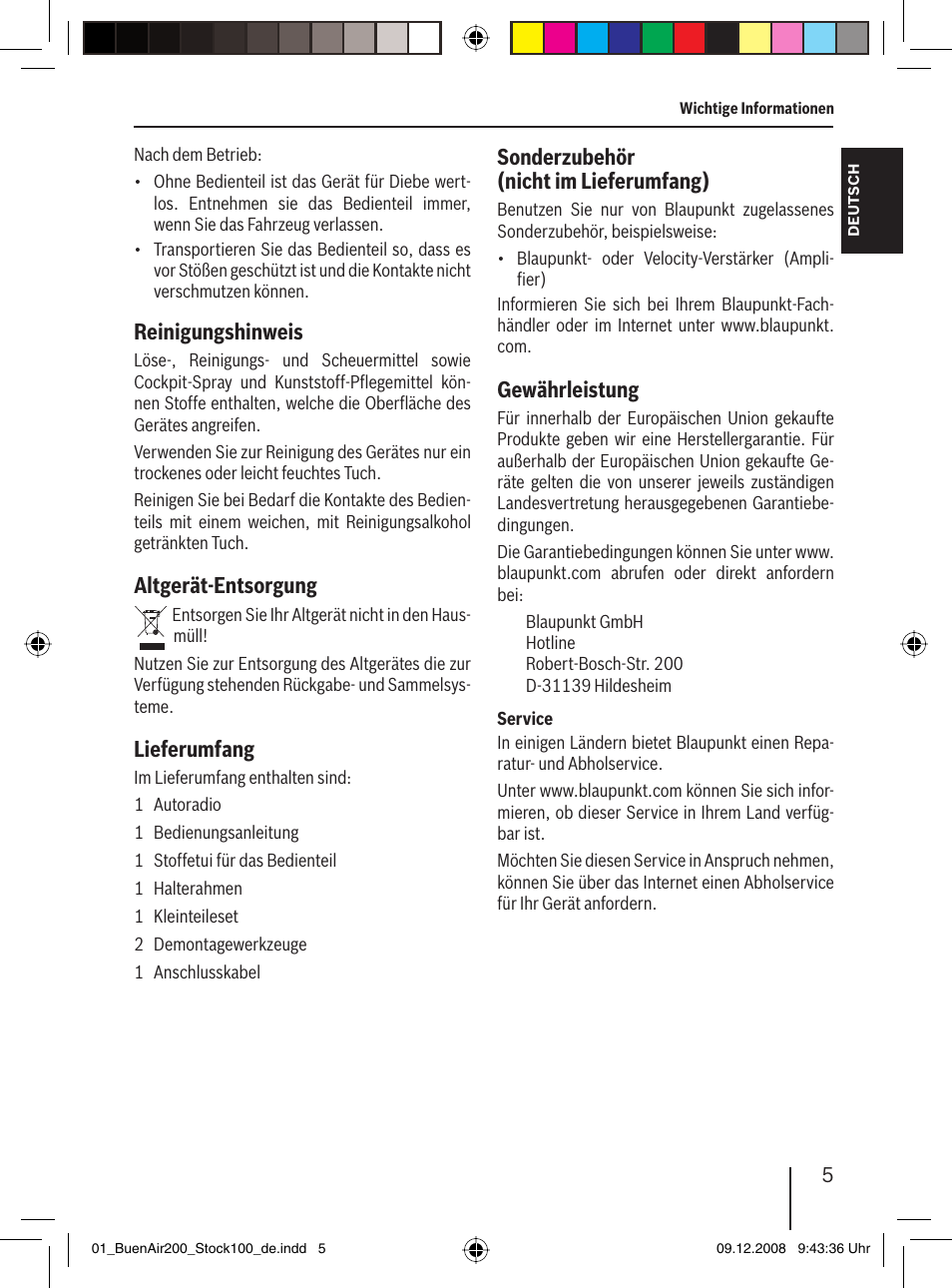 Reinigungshinweis, Altgerät-entsorgung, Lieferumfang | Sonderzubehör (nicht im lieferumfang), Gewährleistung | Blaupunkt BUENOS AIRES 200 7 649 020 110 User Manual | Page 5 / 140