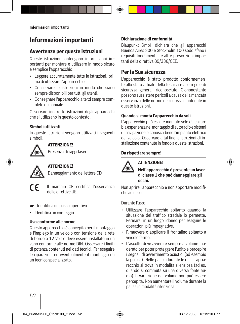 Informazioni importanti, Avvertenze per queste istruzioni, Per la sua sicurezza | Blaupunkt BUENOS AIRES 200 7 649 020 110 User Manual | Page 52 / 140