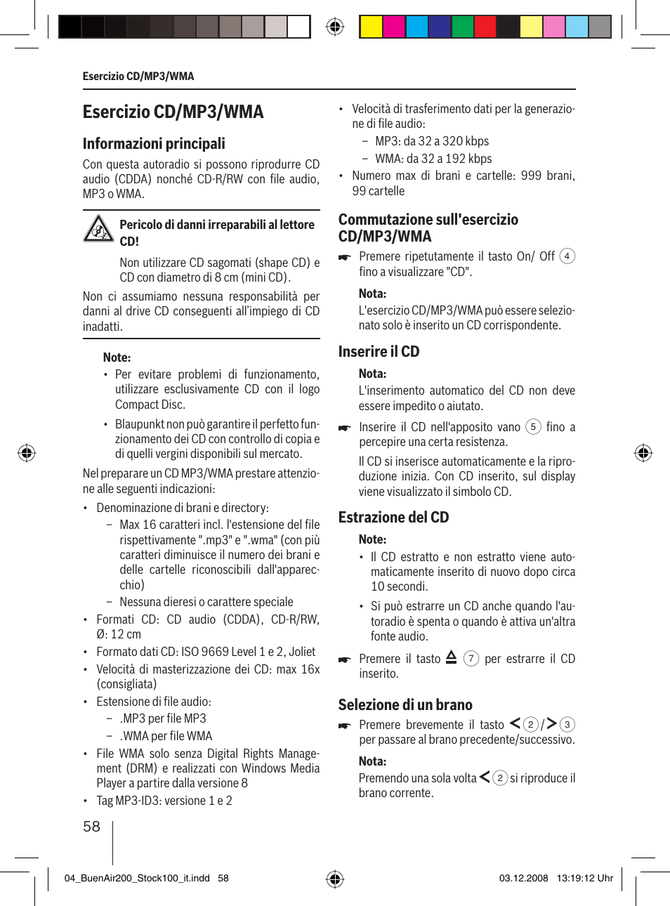 Esercizio cd/mp3/wma, Informazioni principali, Commutazione sull'esercizio cd/mp3/wma | Inserire il cd, Estrazione del cd, Selezione di un brano | Blaupunkt BUENOS AIRES 200 7 649 020 110 User Manual | Page 58 / 140