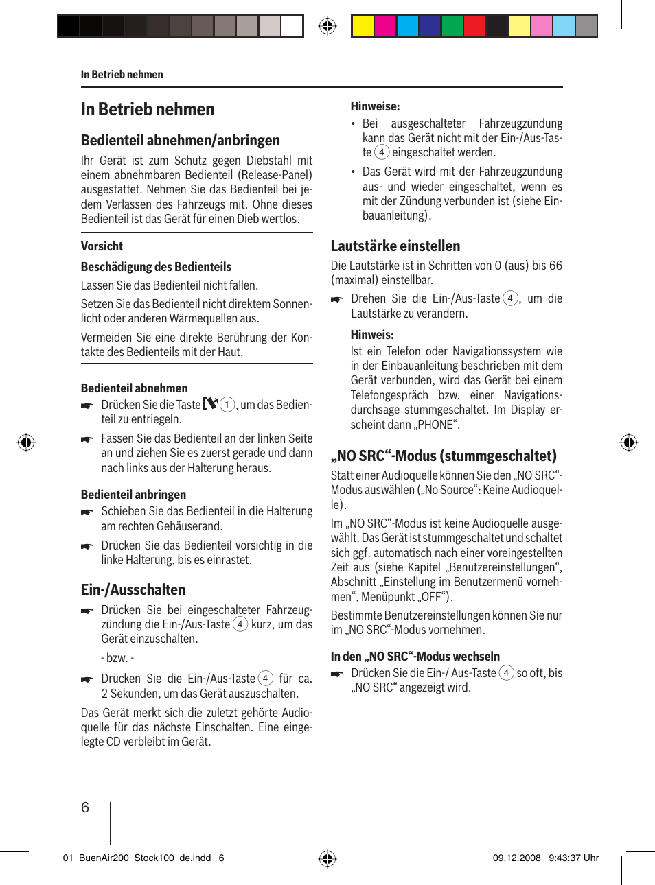 Bedienteil abnehmen/anbringen, Ein-/ausschalten, Lautstärke einstellen | No src“-modus (stummgeschaltet) | Blaupunkt BUENOS AIRES 200 7 649 020 110 User Manual | Page 6 / 140