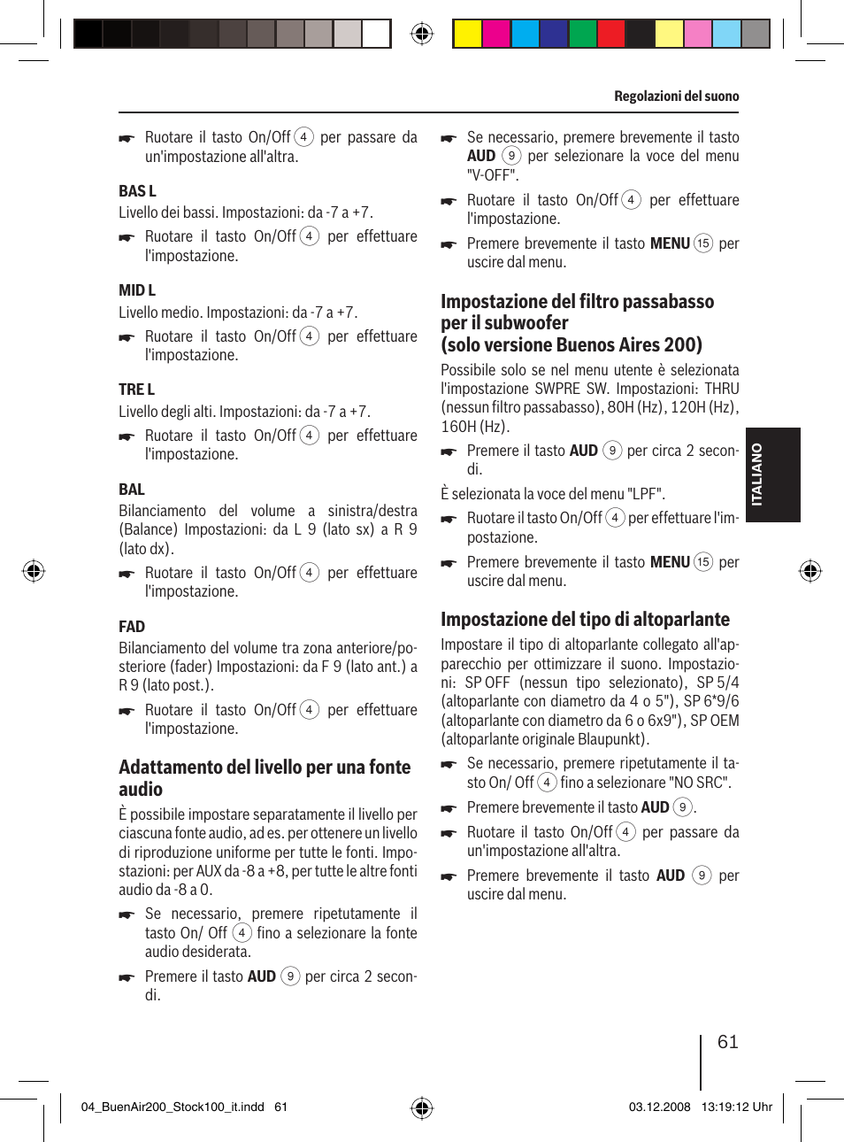 Adattamento del livello per una fonte audio, Impostazione del tipo di altoparlante | Blaupunkt BUENOS AIRES 200 7 649 020 110 User Manual | Page 61 / 140