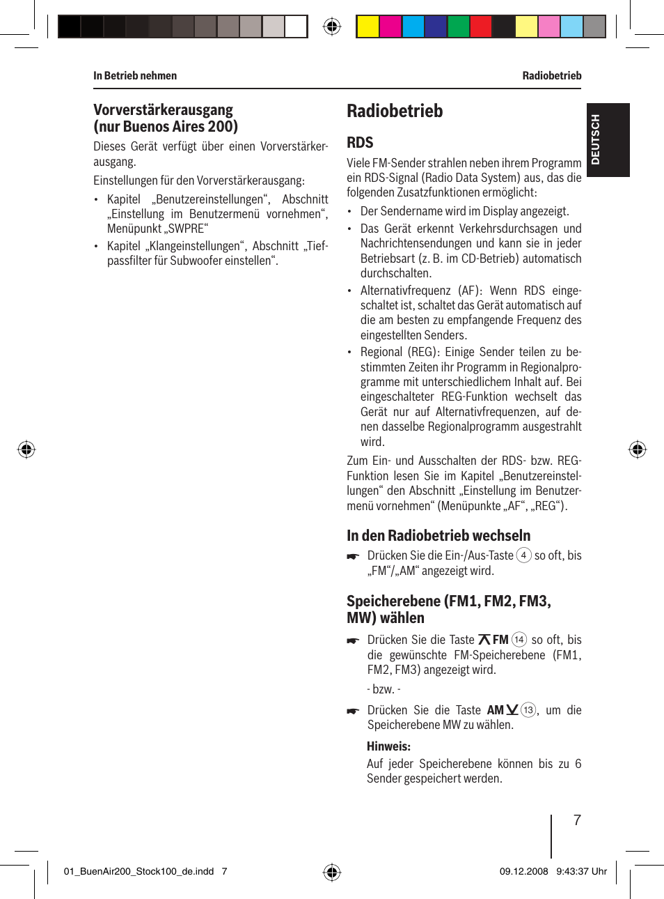 Radiobetrieb, Vorverstärkerausgang (nur buenos aires 200), Speicherebene (fm1, fm2, fm3, mw) wählen | Blaupunkt BUENOS AIRES 200 7 649 020 110 User Manual | Page 7 / 140