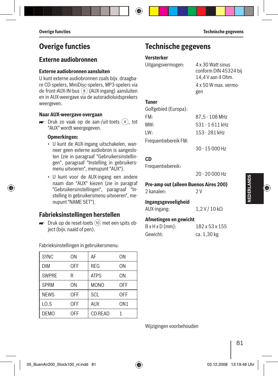 Overige functies, Technische gegevens, Externe audiobronnen | Fabrieksinstellingen herstellen | Blaupunkt BUENOS AIRES 200 7 649 020 110 User Manual | Page 81 / 140