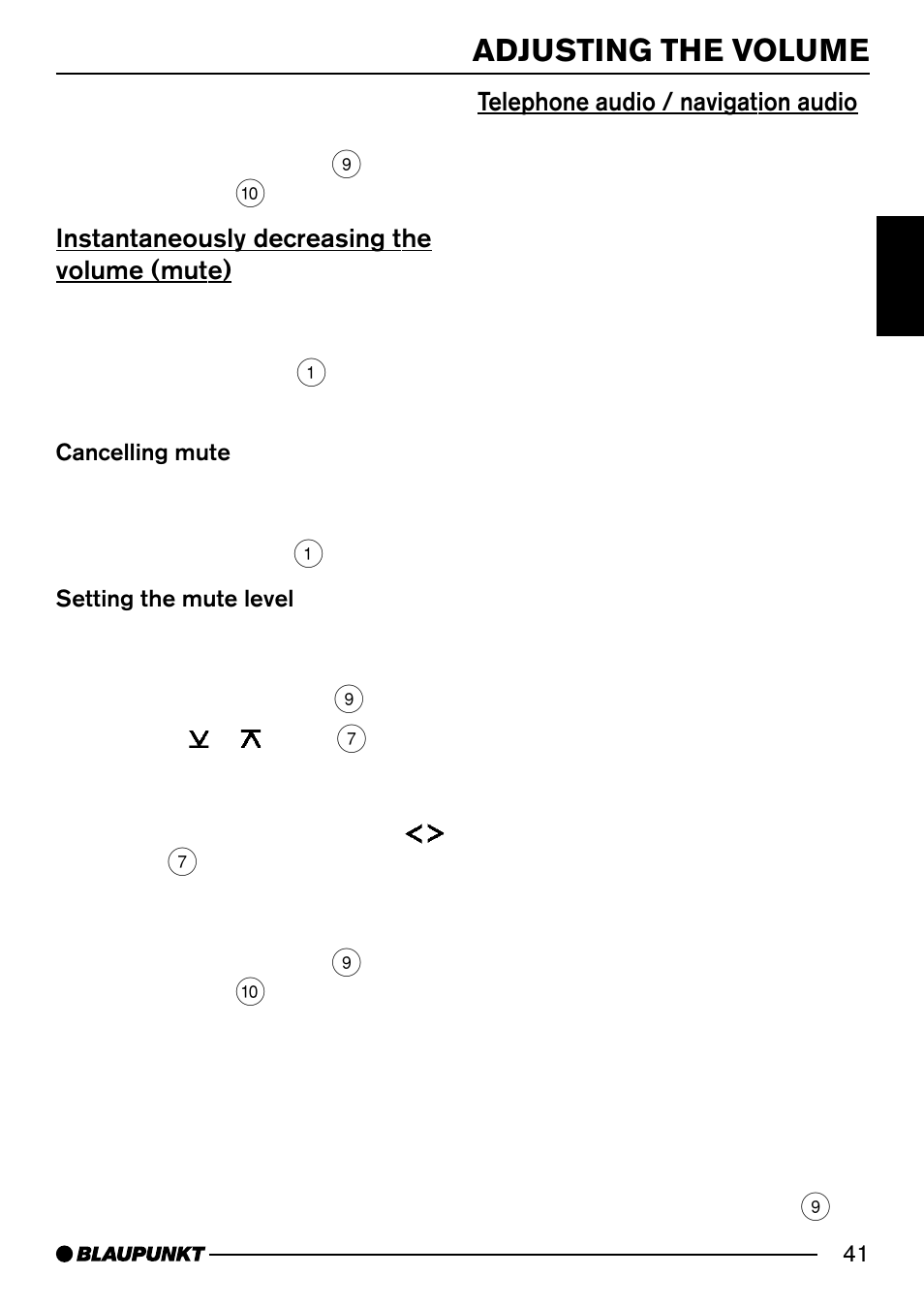 Adjusting the volume, Instantaneously decreasing the volume (mute), Telephone audio / navigation audio | Blaupunkt MODENA MP54 7 644 262 310 User Manual | Page 10 / 35