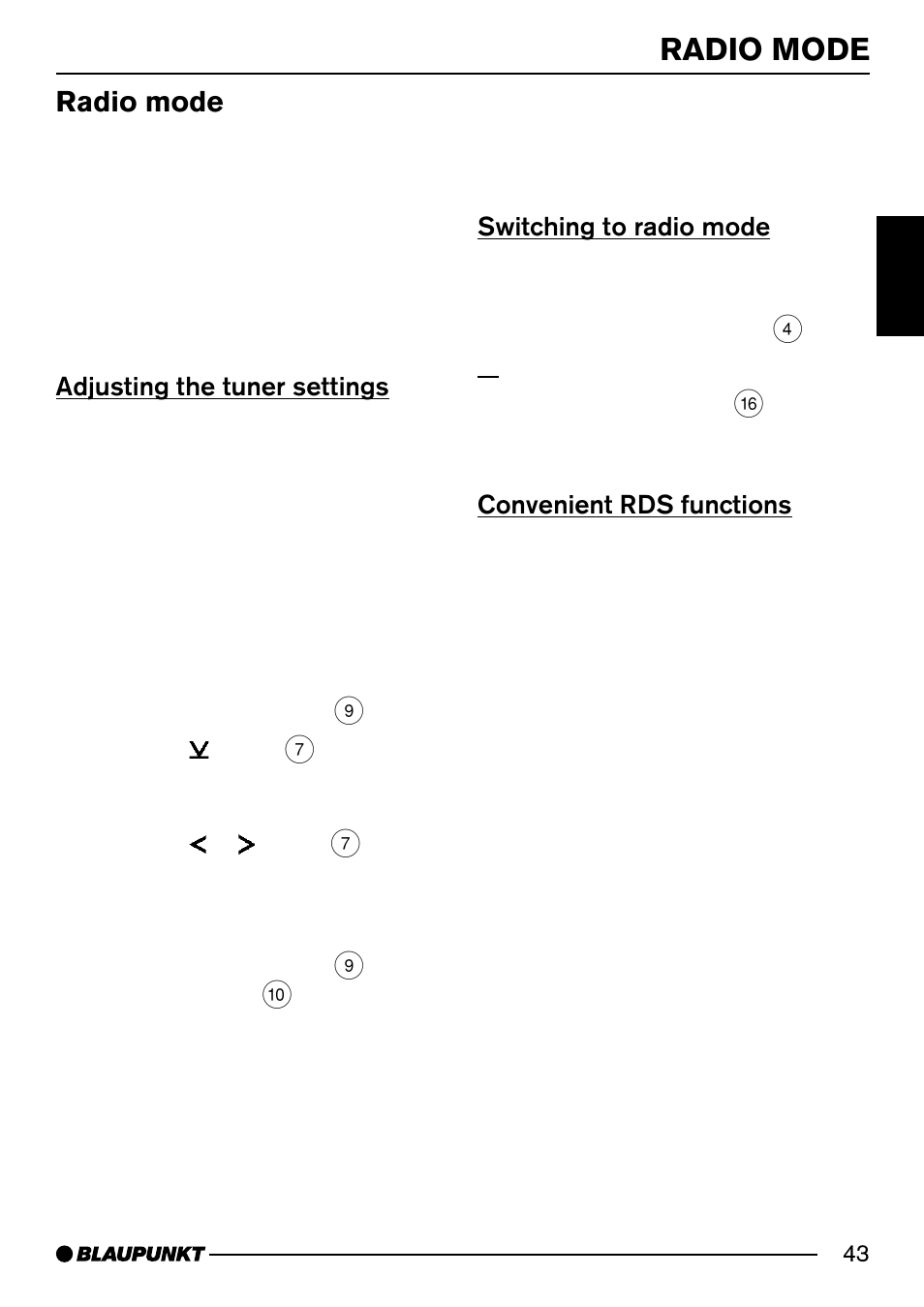 Radio mode, Adjusting the tuner settings, Switching to radio mode | Convenient rds functions | Blaupunkt MODENA MP54 7 644 262 310 User Manual | Page 12 / 35