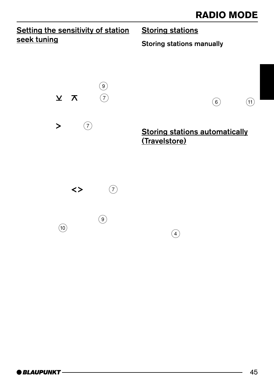 Radio mode, Setting the sensitivity of station seek tuning, Storing stations | Storing stations automatically (travelstore) | Blaupunkt MODENA MP54 7 644 262 310 User Manual | Page 14 / 35
