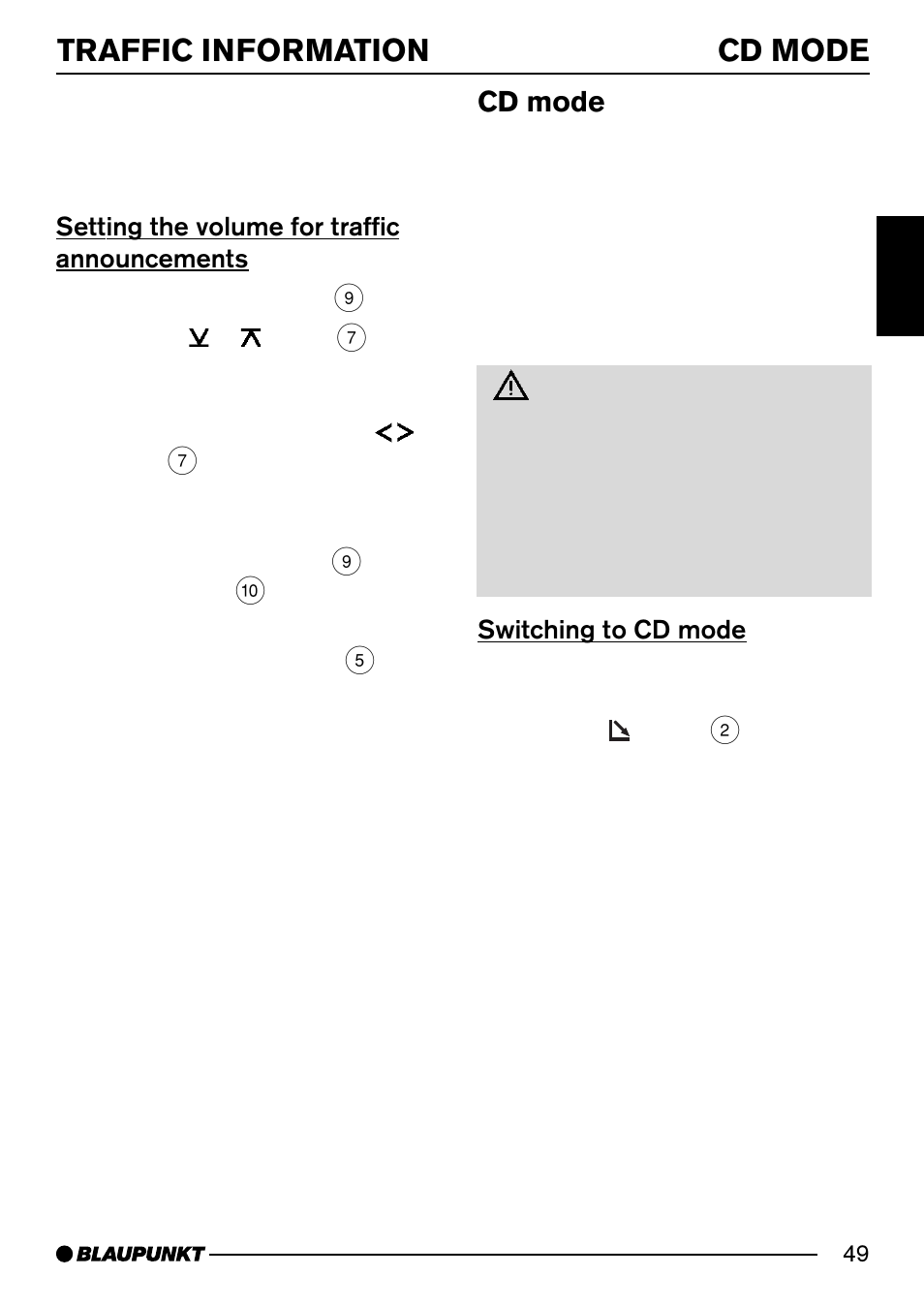 Traffic information cd mode, Cd mode, Setting the volume for traffic announcements | Switching to cd mode | Blaupunkt MODENA MP54 7 644 262 310 User Manual | Page 18 / 35