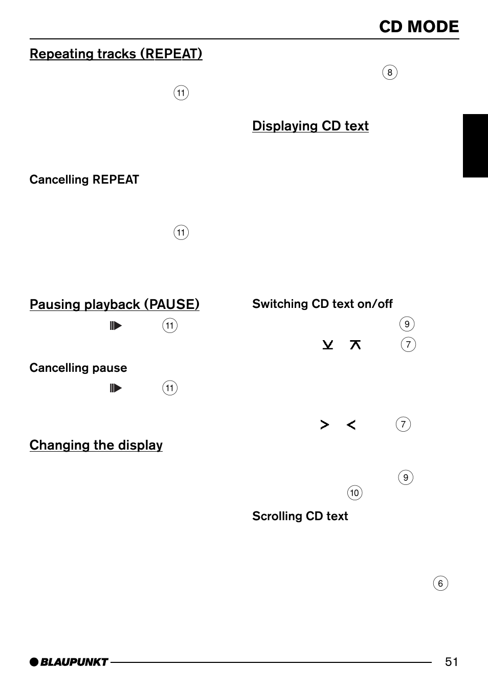 Cd mode, Repeating tracks (repeat), Pausing playback (pause) | Changing the display, Displaying cd text | Blaupunkt MODENA MP54 7 644 262 310 User Manual | Page 20 / 35