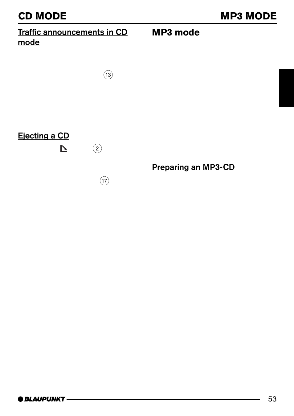 Cd mode mp3 mode, Mp3 mode, Traffic announcements in cd mode | Ejecting a cd, Preparing an mp3-cd | Blaupunkt MODENA MP54 7 644 262 310 User Manual | Page 22 / 35