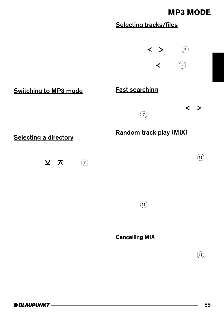 Mp3 mode, Switching to mp3 mode, Selecting a directory | Selecting tracks/files, Fast searching, Random track play (mix) | Blaupunkt MODENA MP54 7 644 262 310 User Manual | Page 24 / 35