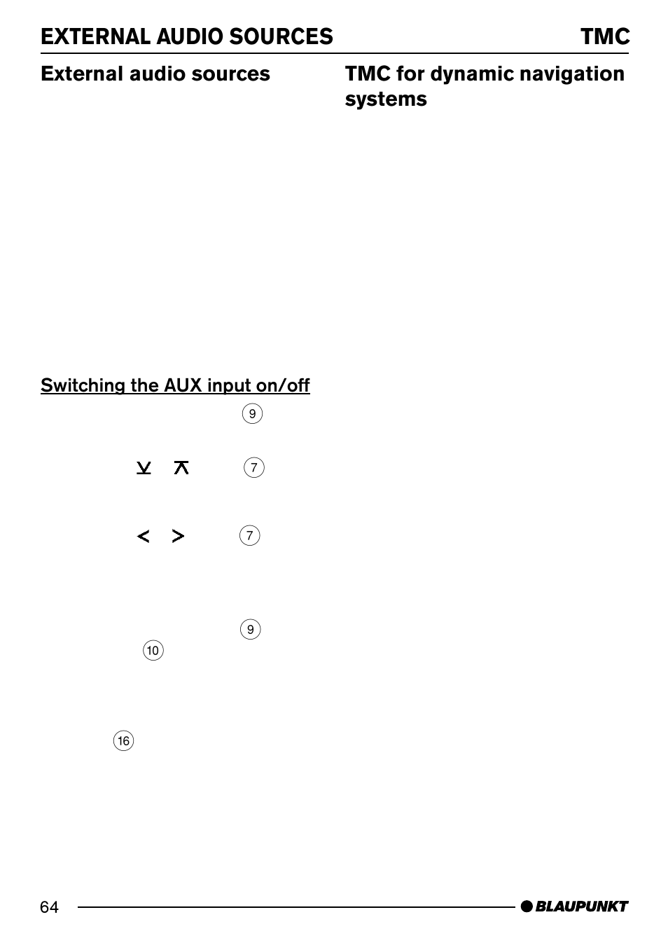 External audio sources, Tmc for dynamic navigation systems | Blaupunkt MODENA MP54 7 644 262 310 User Manual | Page 33 / 35