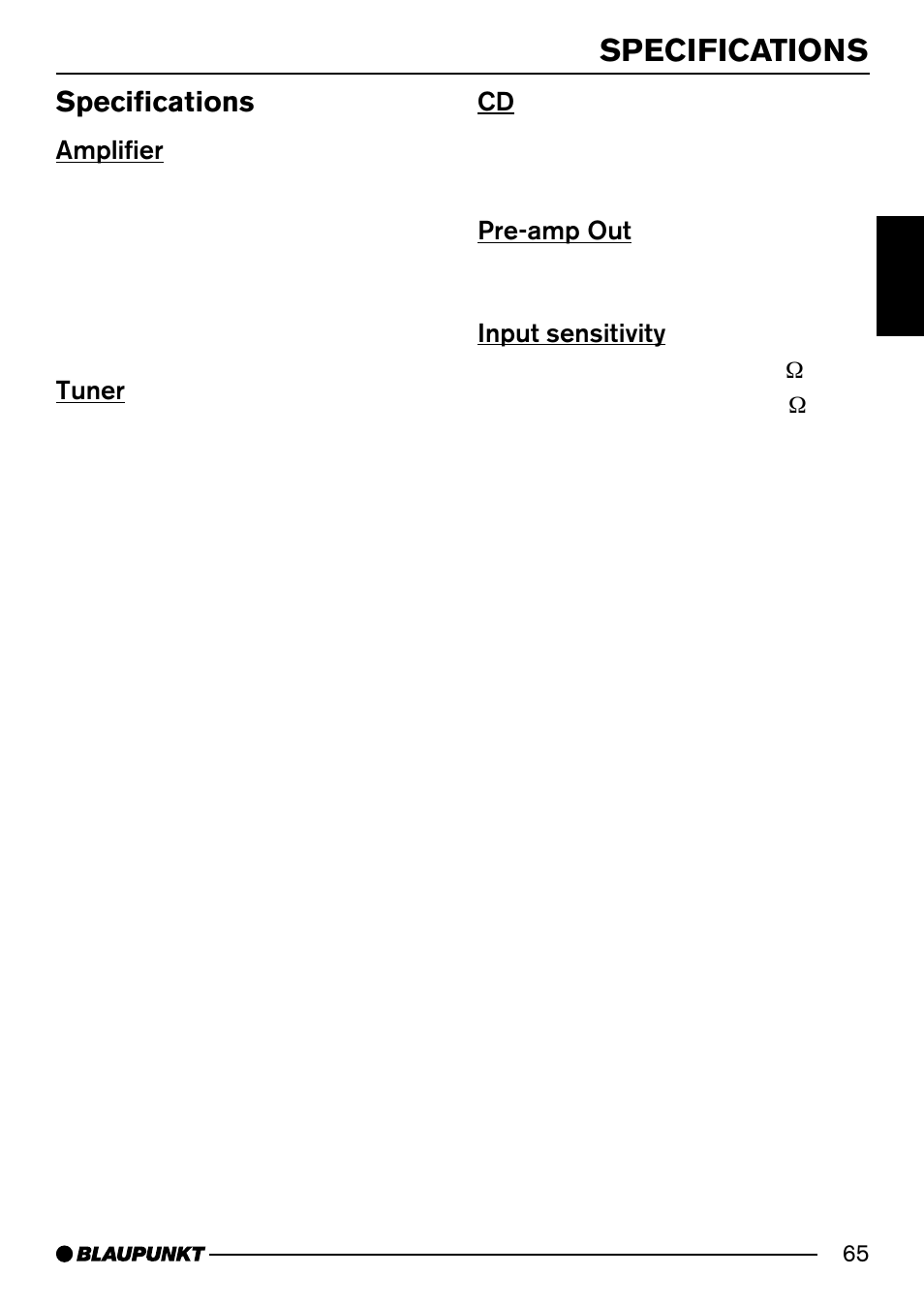 Specifications, Amplifier, Tuner | Pre-amp out, Input sensitivity | Blaupunkt MODENA MP54 7 644 262 310 User Manual | Page 34 / 35