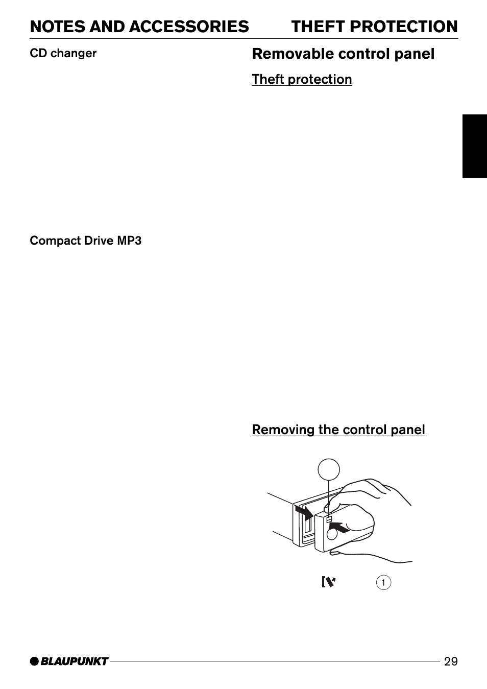Removable control panel, Theft protection, Removing the control panel 1 | Blaupunkt DJ32 User Manual | Page 10 / 28
