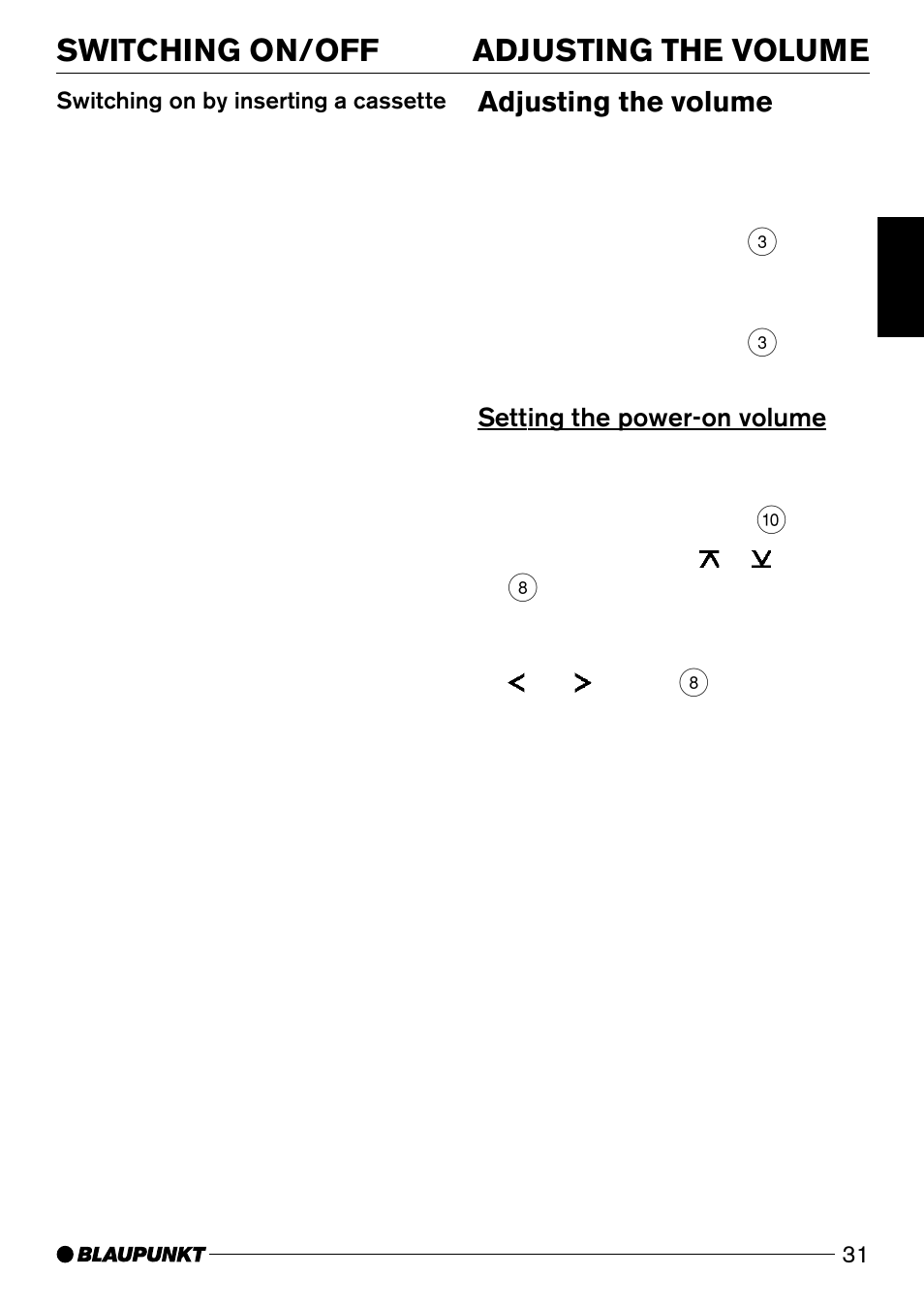 Adjusting the volume switching on/off, Adjusting the volume, Setting the power-on volume | Blaupunkt DJ32 User Manual | Page 12 / 28