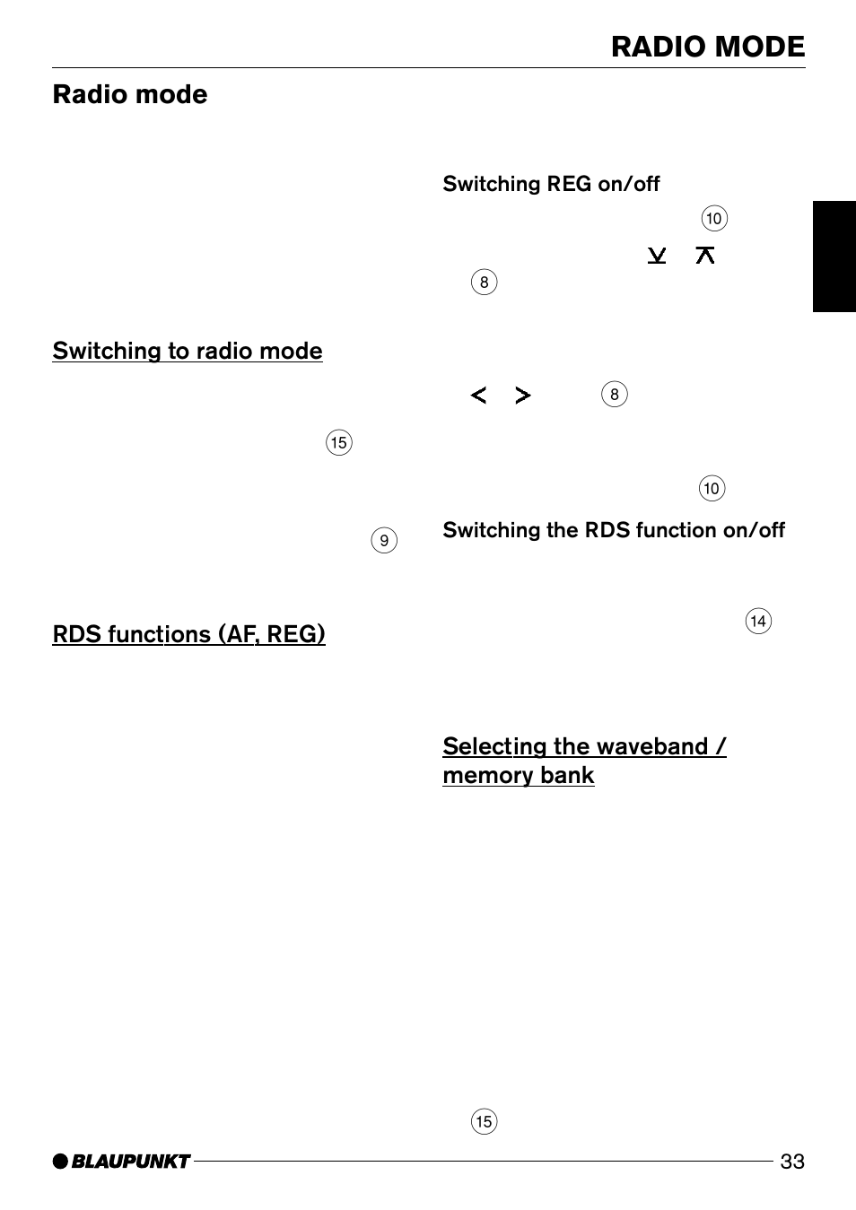 Radio mode, Switching to radio mode, Rds functions (af, reg) | Blaupunkt DJ32 User Manual | Page 14 / 28