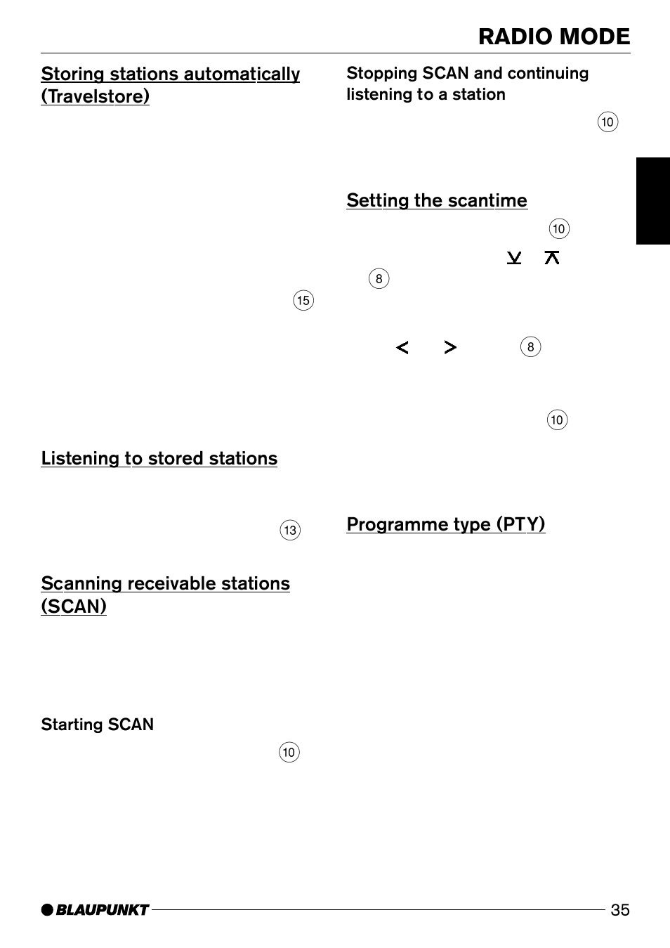 Radio mode, Storing stations automatically (travelstore), Listening to stored stations | Scanning receivable stations (scan), Setting the scantime, Programme type (pty) | Blaupunkt DJ32 User Manual | Page 16 / 28