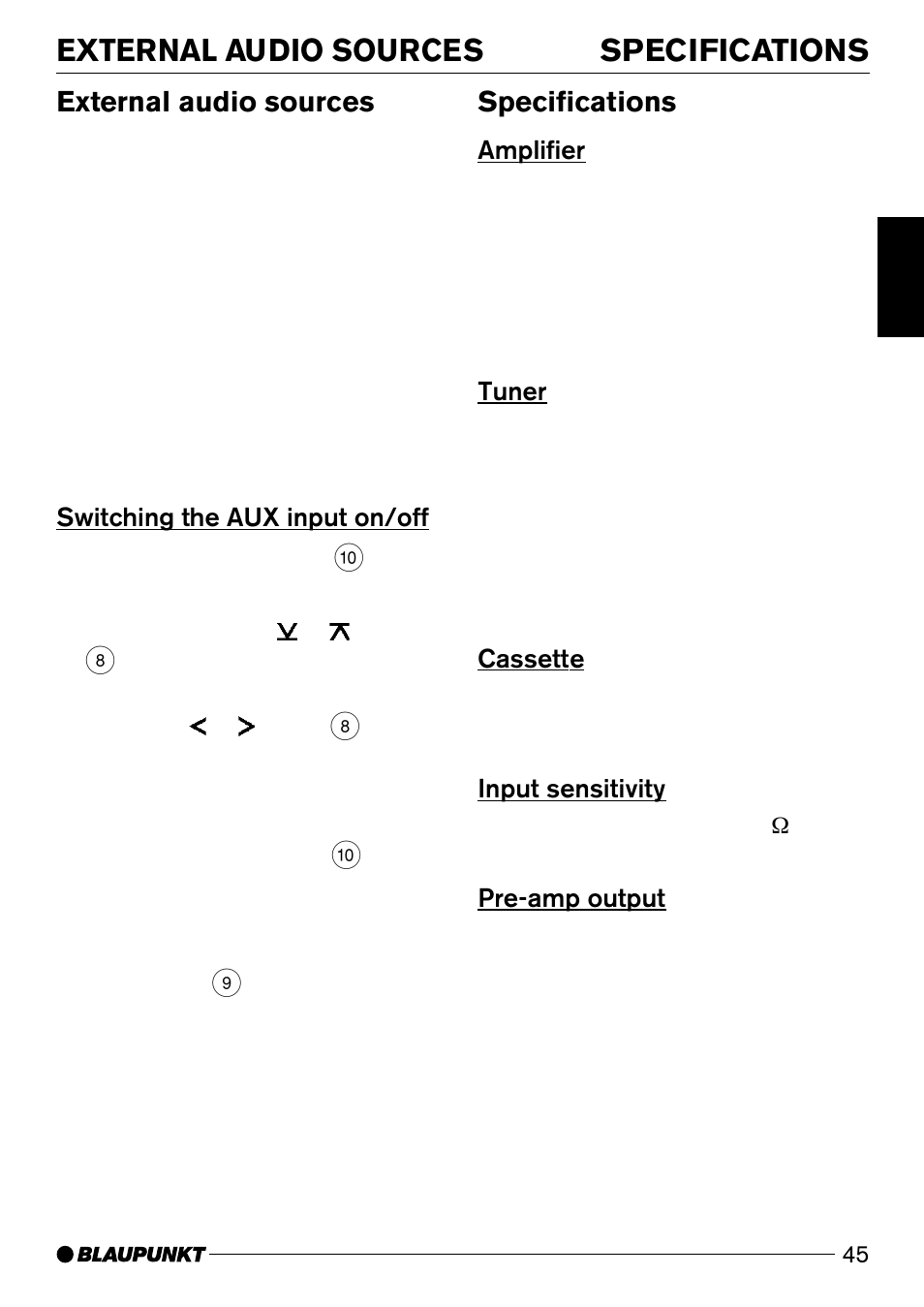 Specifications external audio sources, External audio sources, Specifications | Switching the aux input on/off, Amplifier, Tuner, Cassette, Input sensitivity, Pre-amp output | Blaupunkt DJ32 User Manual | Page 26 / 28