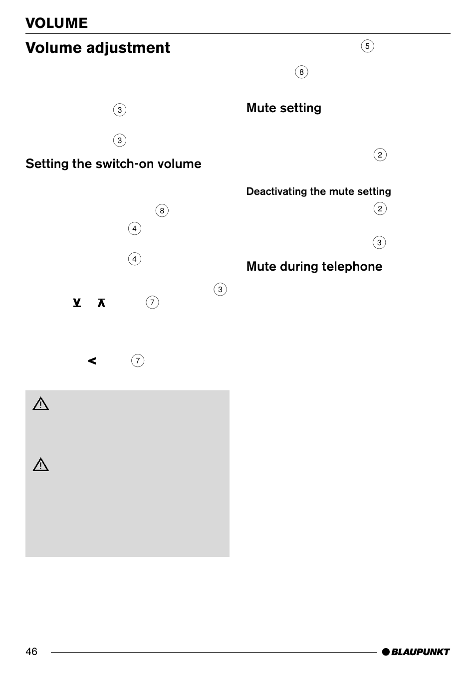 Volume adjustment, Volume, Setting the switch-on volume | Mute setting, Mute during telephone | Blaupunkt Frankfurt C70 User Manual | Page 10 / 36