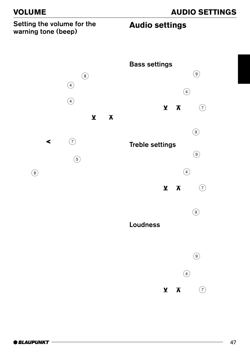 Audio settings, Audio settings volume, Setting the volume for the warning tone (beep) | Bass settings, Treble settings, Loudness | Blaupunkt Frankfurt C70 User Manual | Page 11 / 36