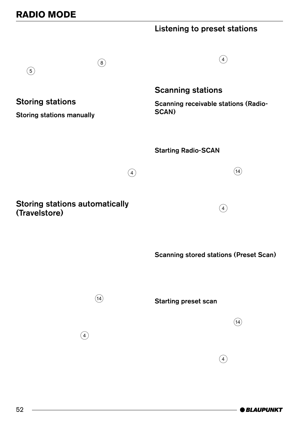 Radio mode, Storing stations, Storing stations automatically (travelstore) | Listening to preset stations, Scanning stations | Blaupunkt Frankfurt C70 User Manual | Page 16 / 36