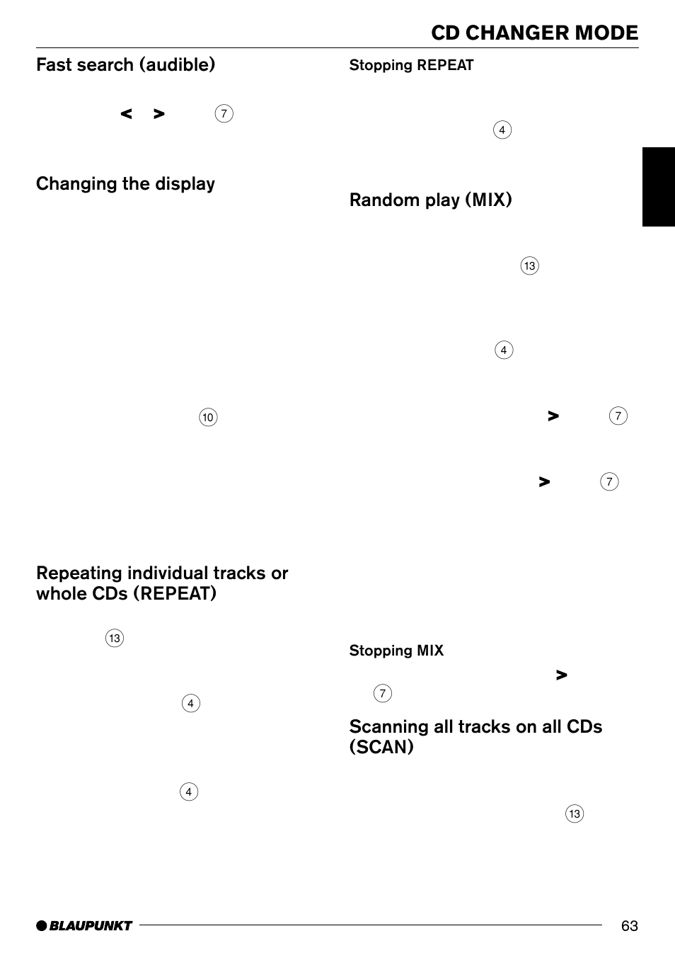 Cd changer mode, Fast search (audible), Changing the display | Repeating individual tracks or whole cds (repeat), Random play (mix), Scanning all tracks on all cds (scan) | Blaupunkt Frankfurt C70 User Manual | Page 27 / 36