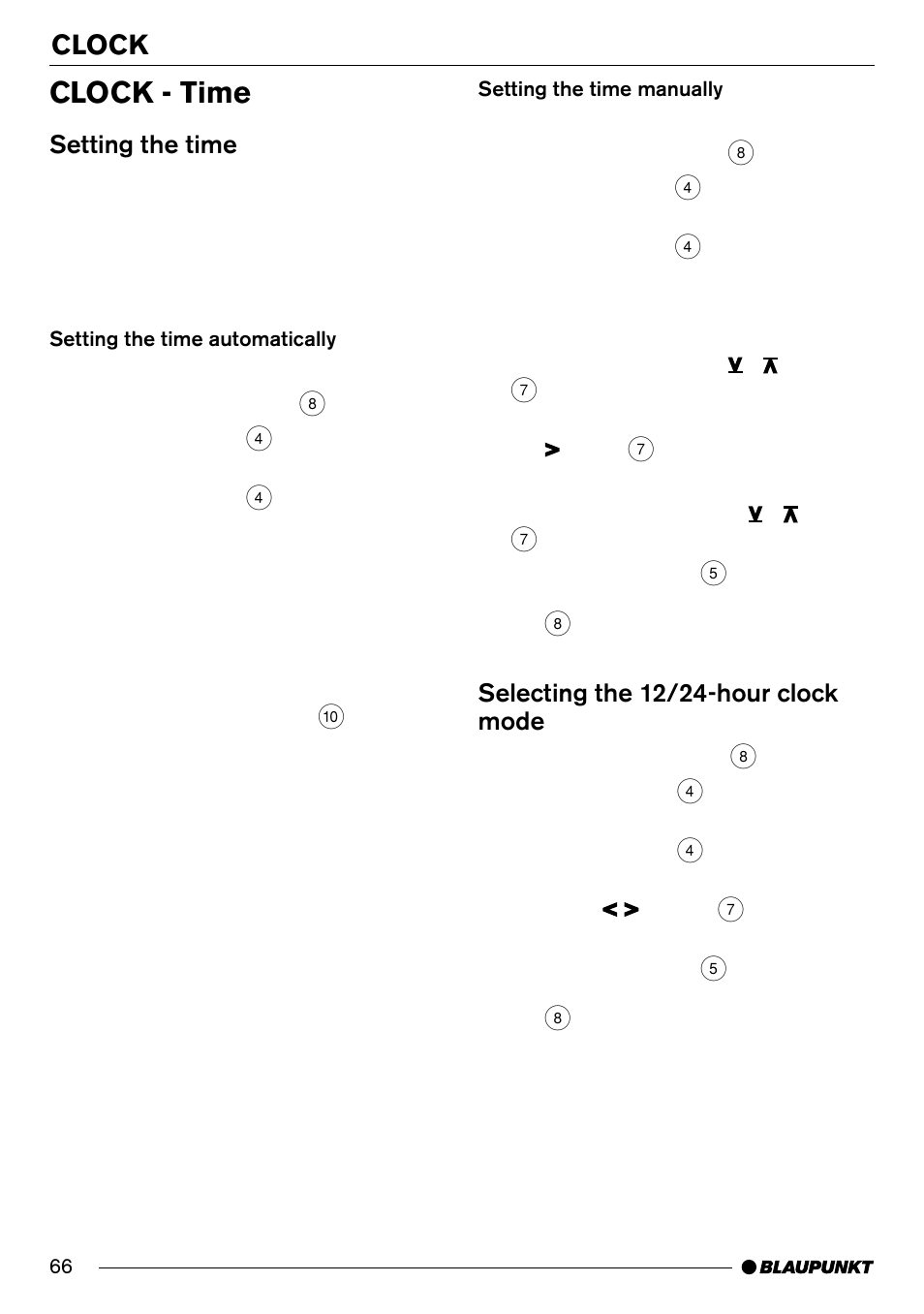 Clock - time, Clock, Setting the time | Selecting the 12/24-hour clock mode | Blaupunkt Frankfurt C70 User Manual | Page 30 / 36