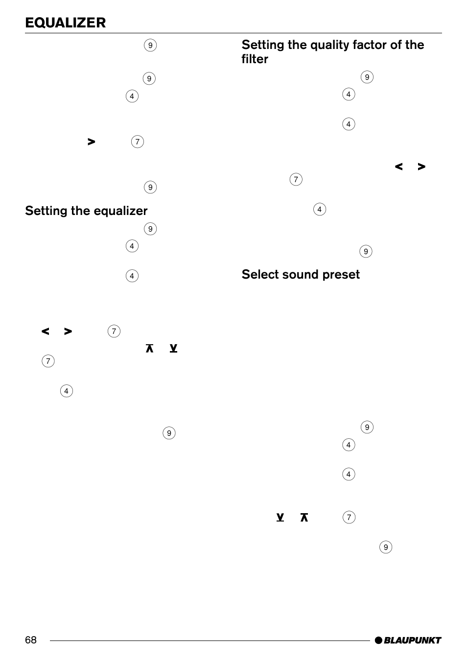 Equalizer, Setting the equalizer, Setting the quality factor of the filter | Select sound preset | Blaupunkt Frankfurt C70 User Manual | Page 32 / 36