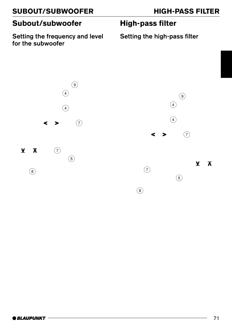 Subout/subwoofer, High-pass filter, High-pass filter subout/subwoofer | Setting the frequency and level for the subwoofer, Setting the high-pass filter | Blaupunkt Frankfurt C70 User Manual | Page 35 / 36