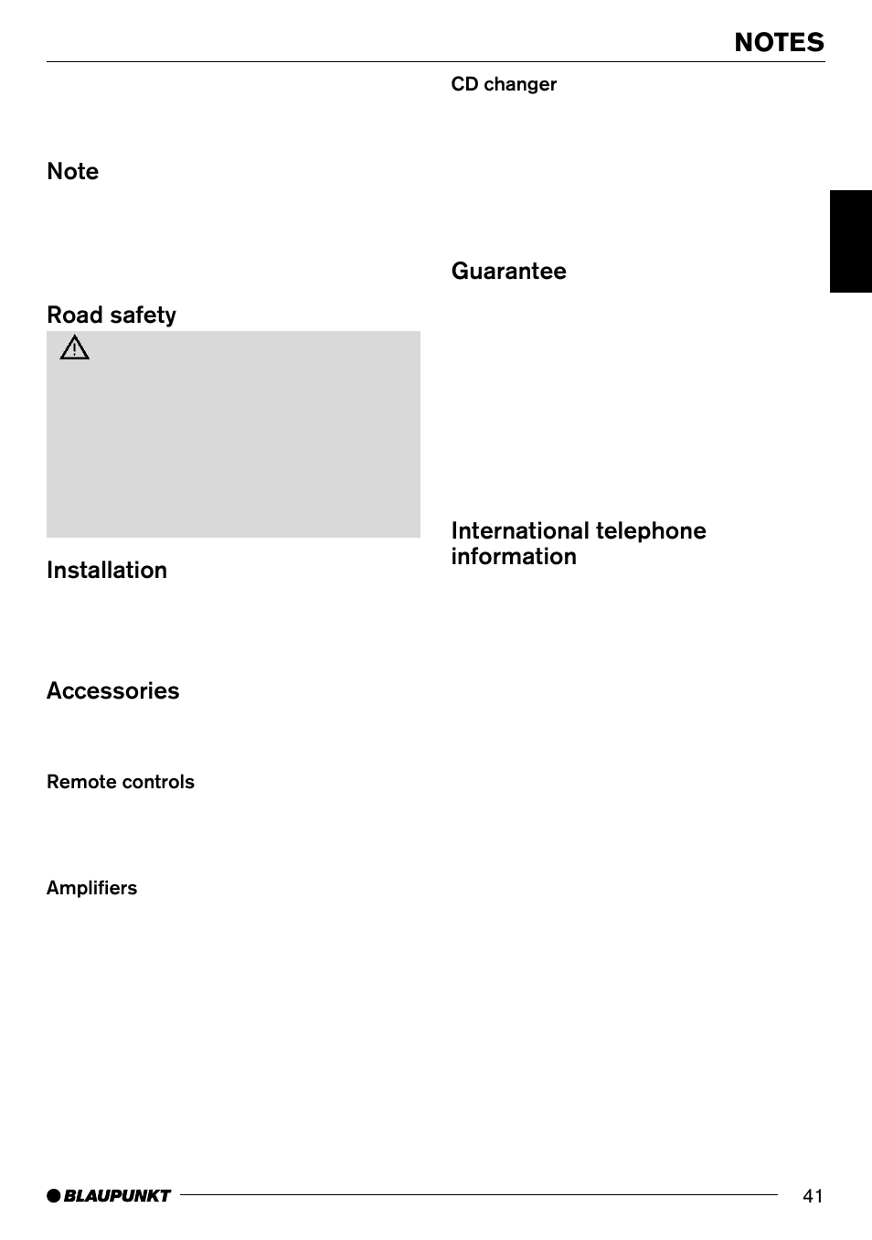 Road safety, Installation, Accessories | Guarantee, International telephone information | Blaupunkt Frankfurt C70 User Manual | Page 5 / 36