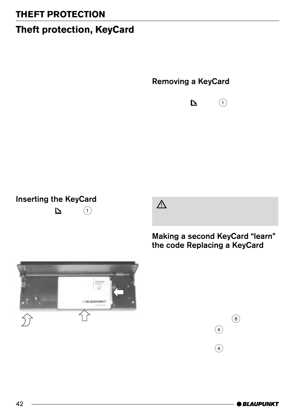 Theft protection, keycard, Theft protection, Removing a keycard | Inserting the keycard | Blaupunkt Frankfurt C70 User Manual | Page 6 / 36