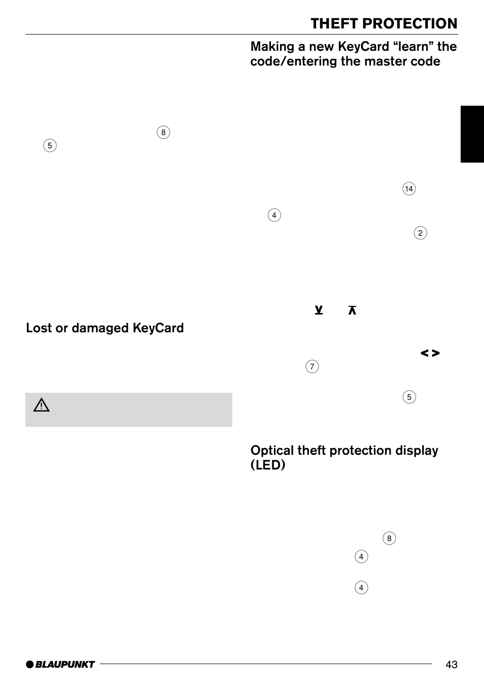 Theft protection, Lost or damaged keycard, Optical theft protection display (led) | Blaupunkt Frankfurt C70 User Manual | Page 7 / 36