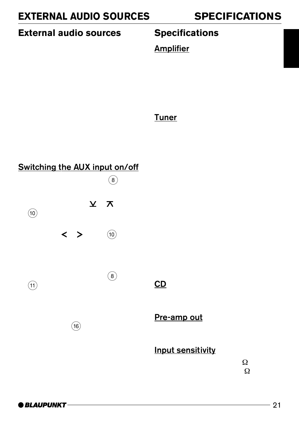 Specifications, External audio sources | Blaupunkt CD51 User Manual | Page 21 / 23