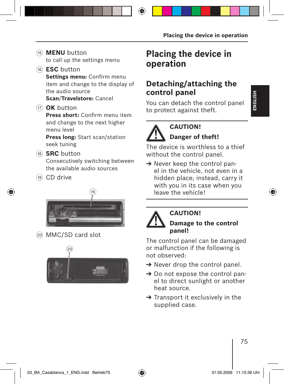 Placing the device in operation, Detaching/attaching the control panel | Blaupunkt CASABLANCA MP56 User Manual | Page 10 / 69