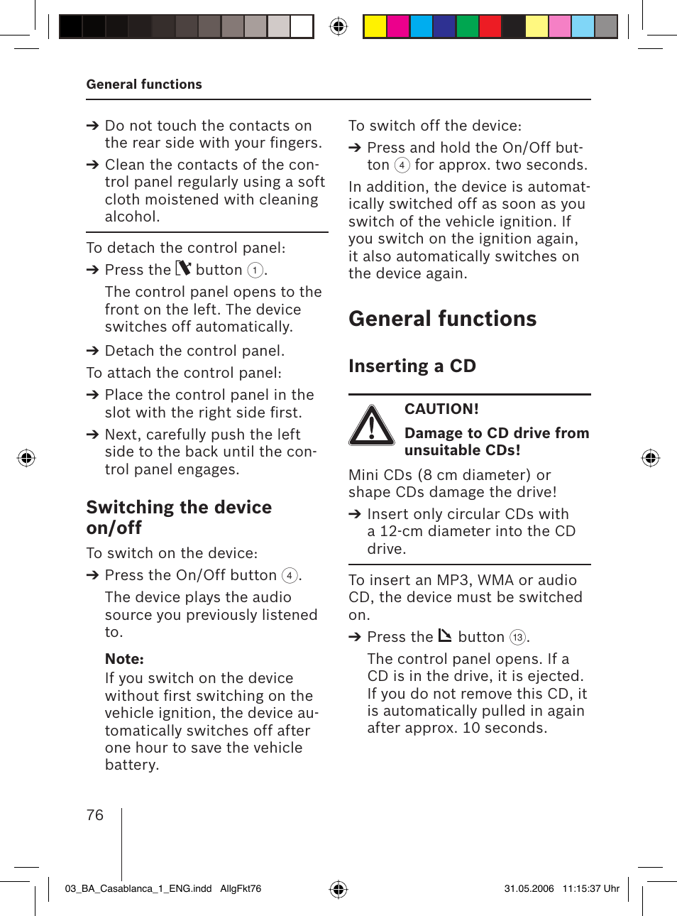 General functions, Switching the device on/off, Inserting a cd | Blaupunkt CASABLANCA MP56 User Manual | Page 11 / 69
