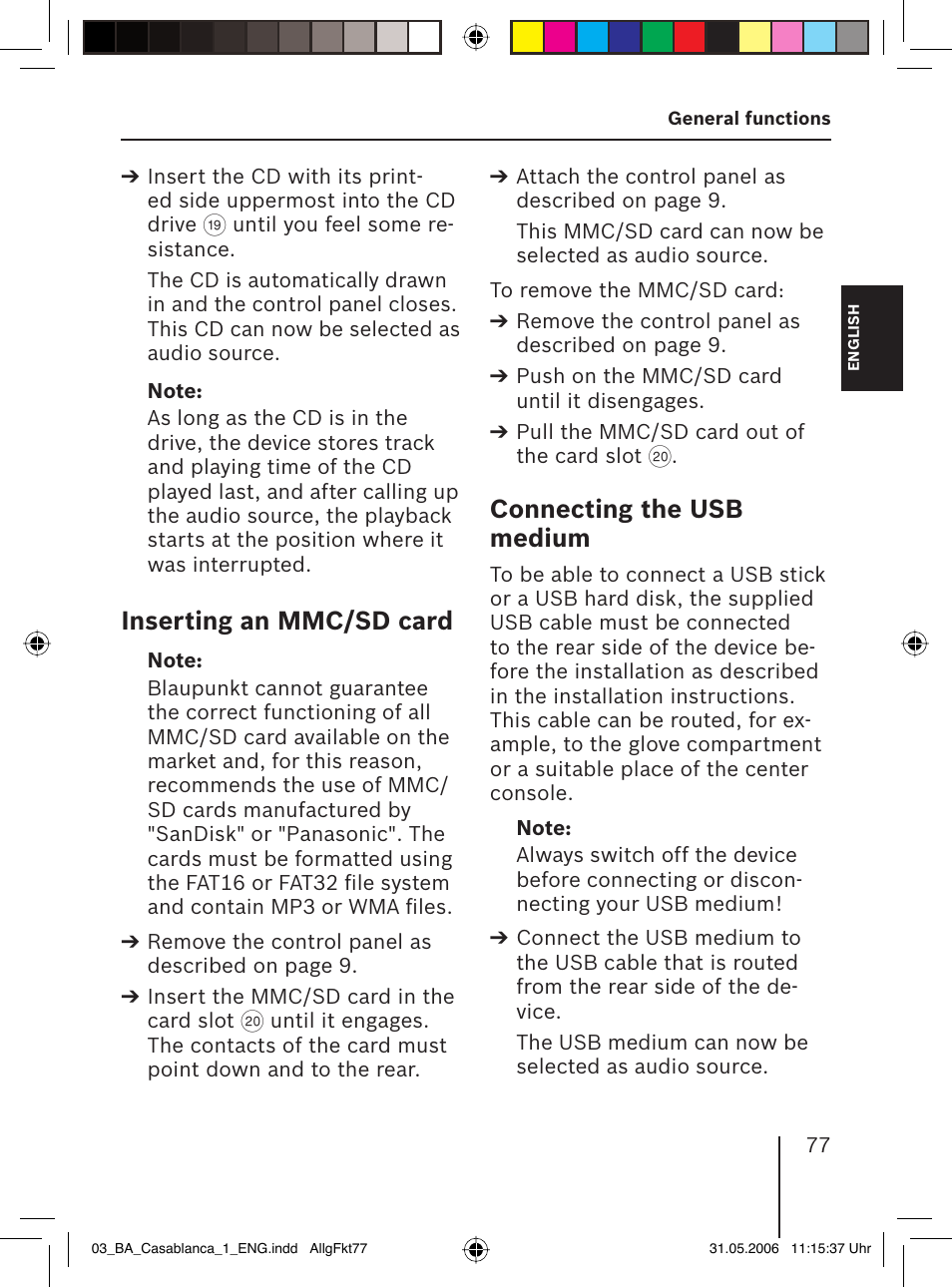 Inserting an mmc/sd card, Connecting the usb medium | Blaupunkt CASABLANCA MP56 User Manual | Page 12 / 69