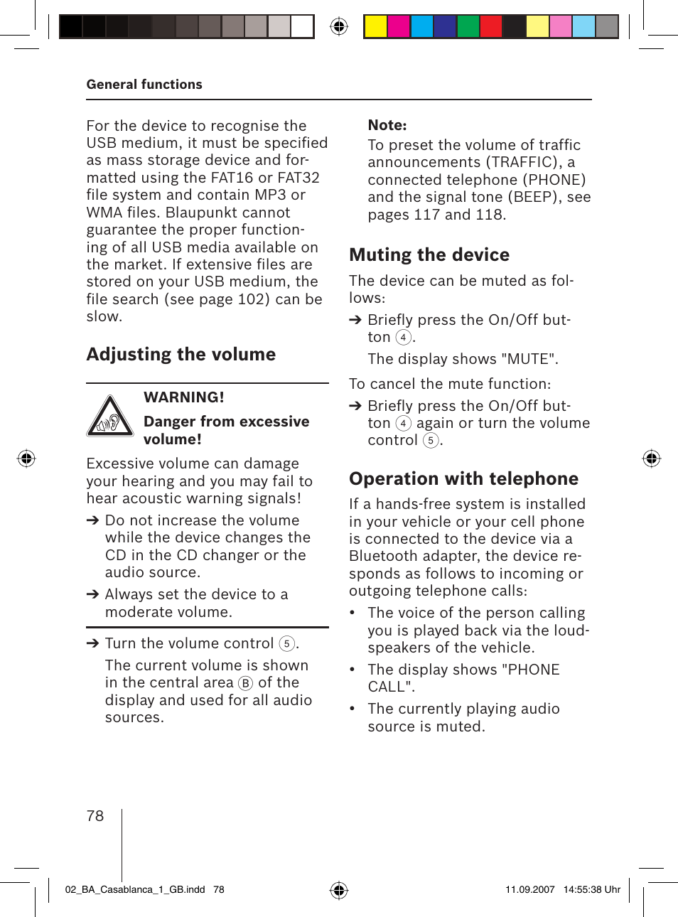 Adjusting the volume, Muting the device, Operation with telephone | Blaupunkt CASABLANCA MP56 User Manual | Page 13 / 69