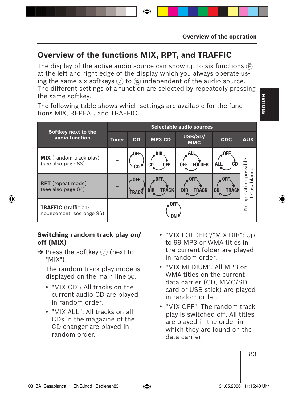Overview of the functions mix, rpt, and traffic | Blaupunkt CASABLANCA MP56 User Manual | Page 18 / 69