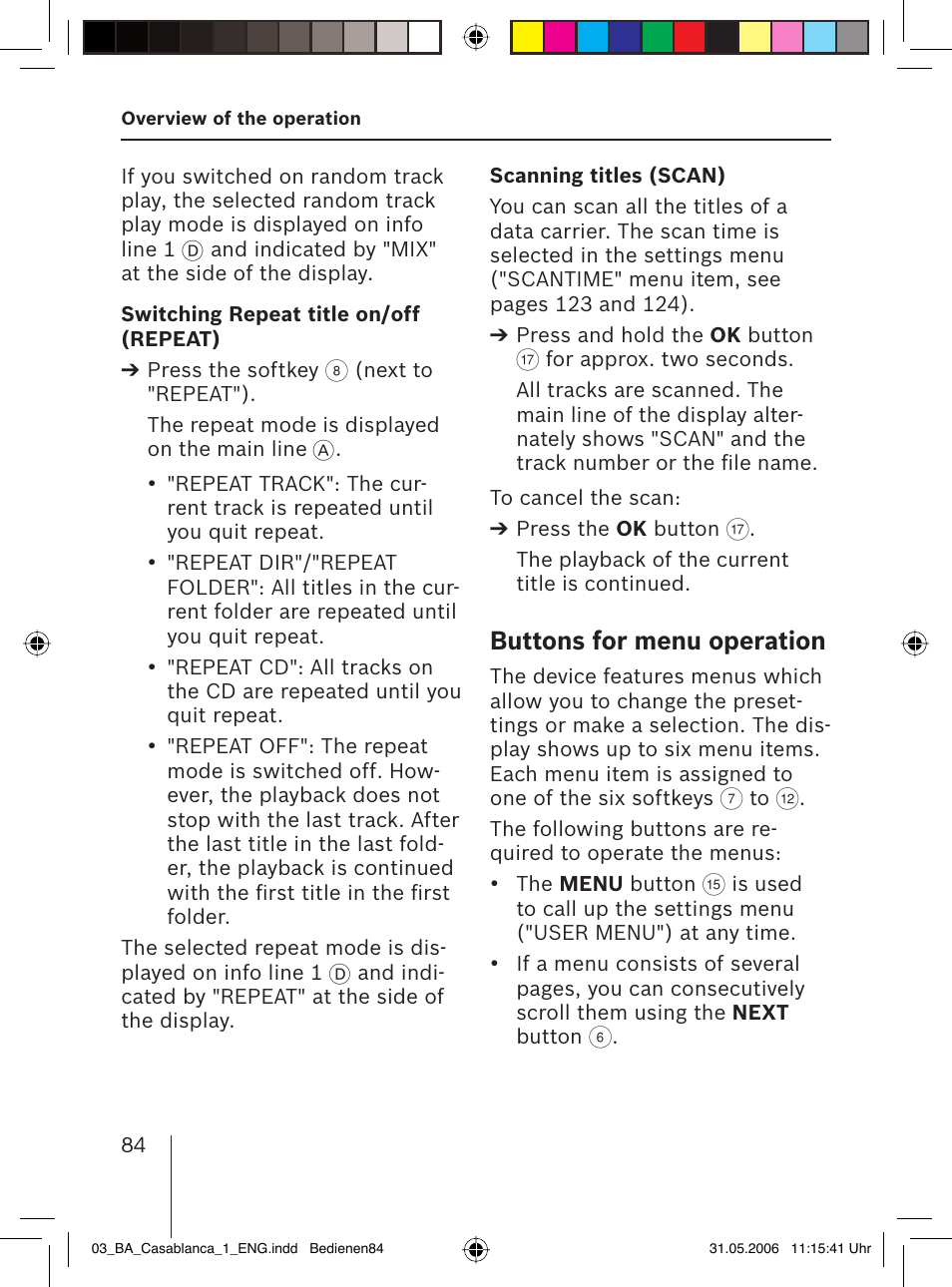 Buttons for menu operation | Blaupunkt CASABLANCA MP56 User Manual | Page 19 / 69