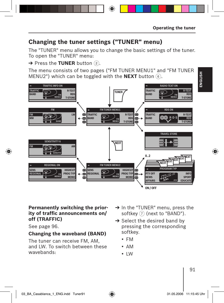 Changing the tuner settings ( "tuner" menu), Operating the tuner | Blaupunkt CASABLANCA MP56 User Manual | Page 26 / 69