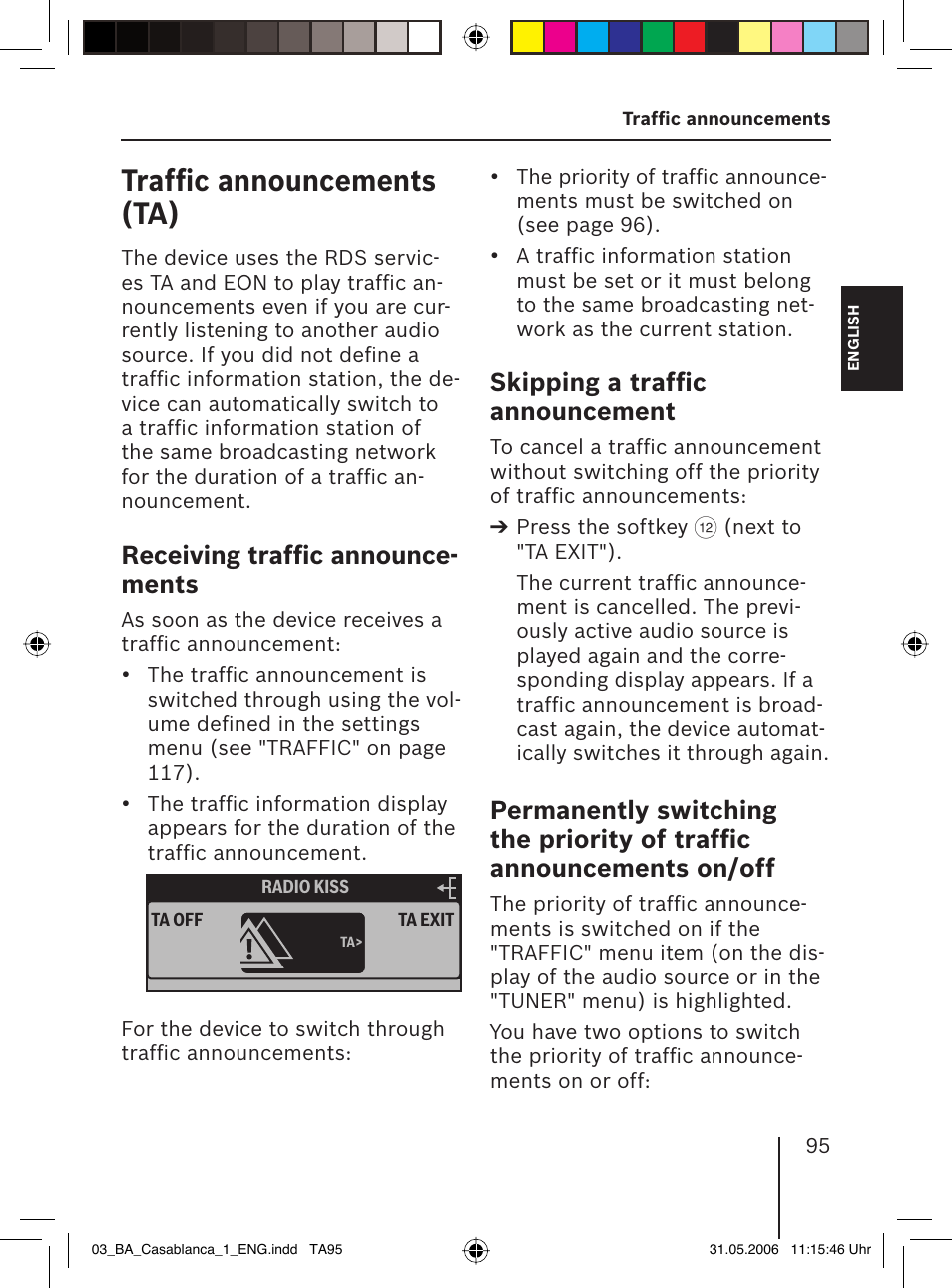 Trafﬁ c announcements (ta), Receiving trafﬁ c announce- ments, Skipping a trafﬁ c announcement | Blaupunkt CASABLANCA MP56 User Manual | Page 30 / 69