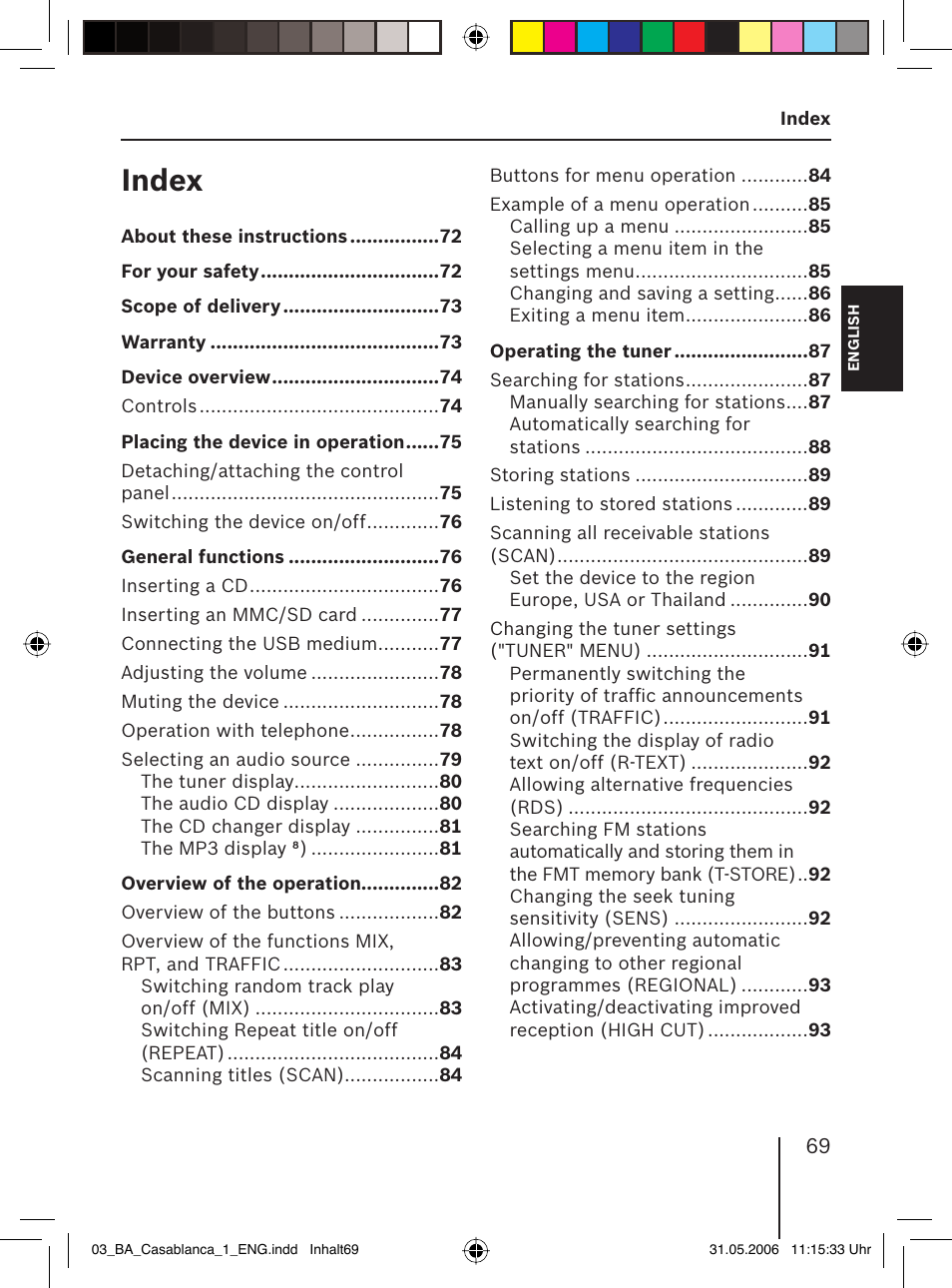 Index | Blaupunkt CASABLANCA MP56 User Manual | Page 4 / 69