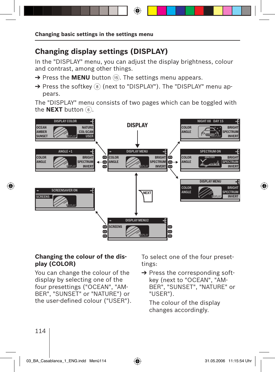 Changing display settings ( display), The settings menu appears. press the softkey, Display | Changing basic settings in the settings menu | Blaupunkt CASABLANCA MP56 User Manual | Page 49 / 69