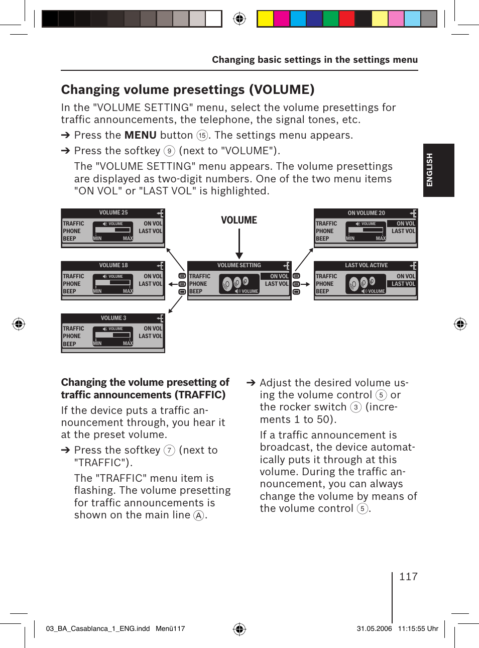 Changing volume presettings ( volume), The settings menu appears. press the softkey, Volu me | Or the rocker switch, Changing basic settings in the settings menu | Blaupunkt CASABLANCA MP56 User Manual | Page 52 / 69