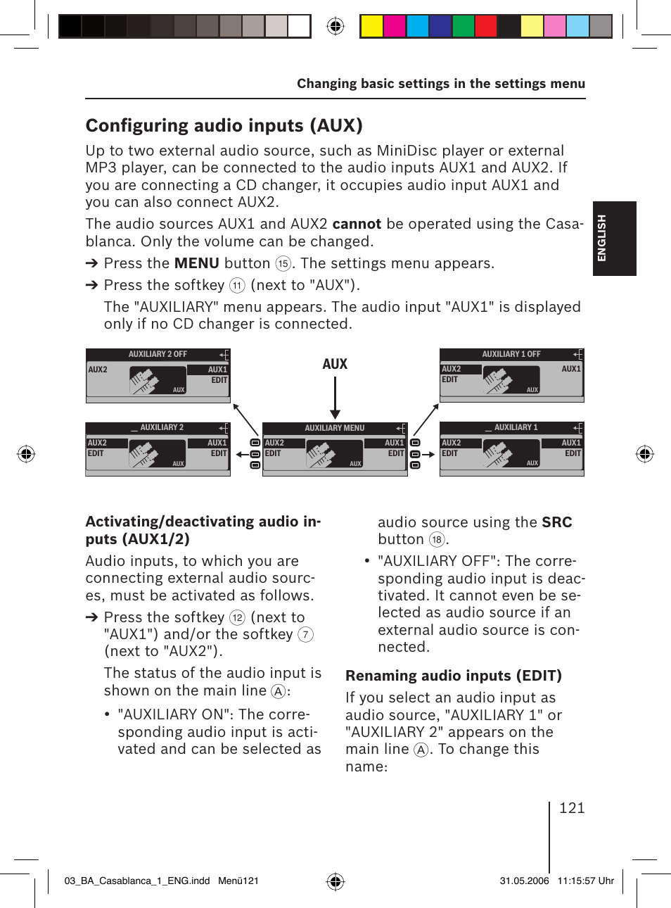 Conﬁ guring audio inputs ( aux), The settings menu appears. press the softkey, Next to "aux1") and/or the softkey | Audio source using the src button | Blaupunkt CASABLANCA MP56 User Manual | Page 56 / 69