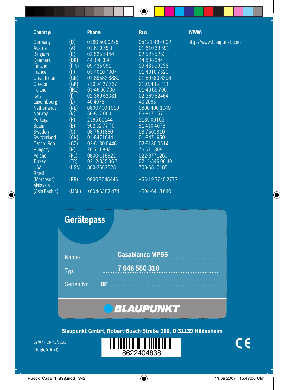 Gerätepass | Blaupunkt CASABLANCA MP56 User Manual | Page 69 / 69