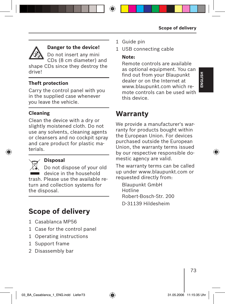 Scope of delivery, Warranty | Blaupunkt CASABLANCA MP56 User Manual | Page 8 / 69