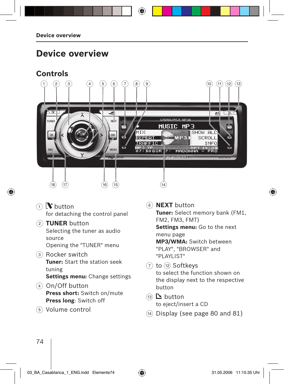 Device overview, Controls | Blaupunkt CASABLANCA MP56 User Manual | Page 9 / 69
